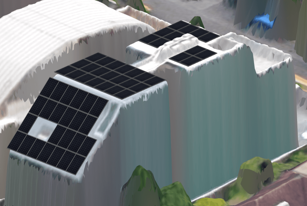 A 3D satellite model of a landed-home roof with a solar panel layout placed on it